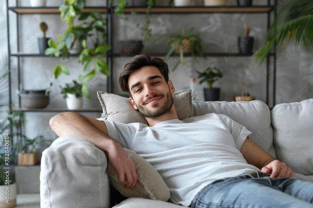Happy man relaxes on sofa at home couch