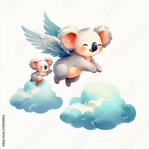 Koala Mom and Baby Flying ,Watercolor Mother's Day Clip Art, Greeting Art Cute Cartoon Character Illustration Design Isolated on White Background photo