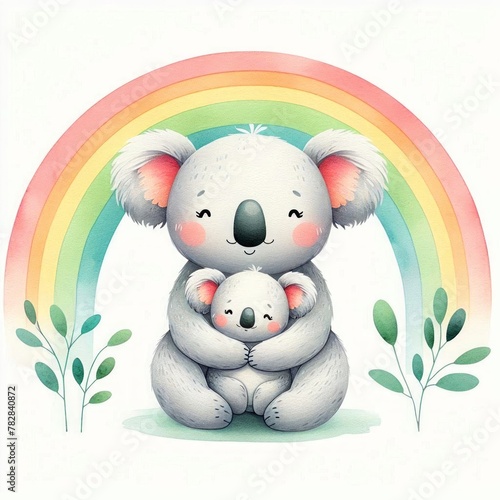 Koala Mom and Baby under the rainbow ,Watercolor Mother's Day Clip Art, Greeting Art Cute Cartoon Character Illustration Design Isolated on White Background