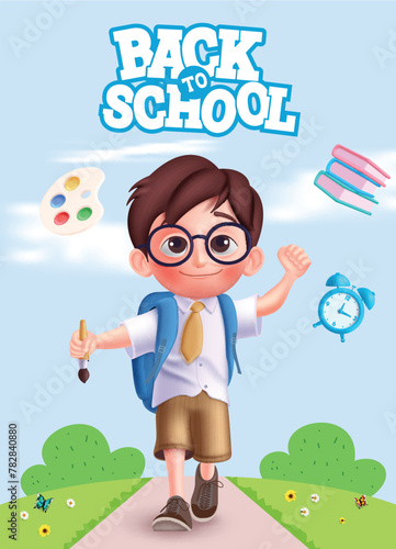 Back to school boy character vector poster. School kid cute character happy walking, smiling and wearing schoolbag for educational design. Vector illustration school boy character poster.
