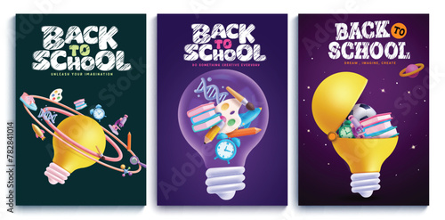 Back to school vector poster set. Back to school greeting with yellow and transparent bulb elements for science educational lay out collection. Vector illustration school greeting set design. 

