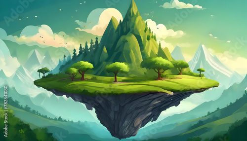 Abstract illustration green fantasy floating island with mountains on digital art concept, Generative AI.