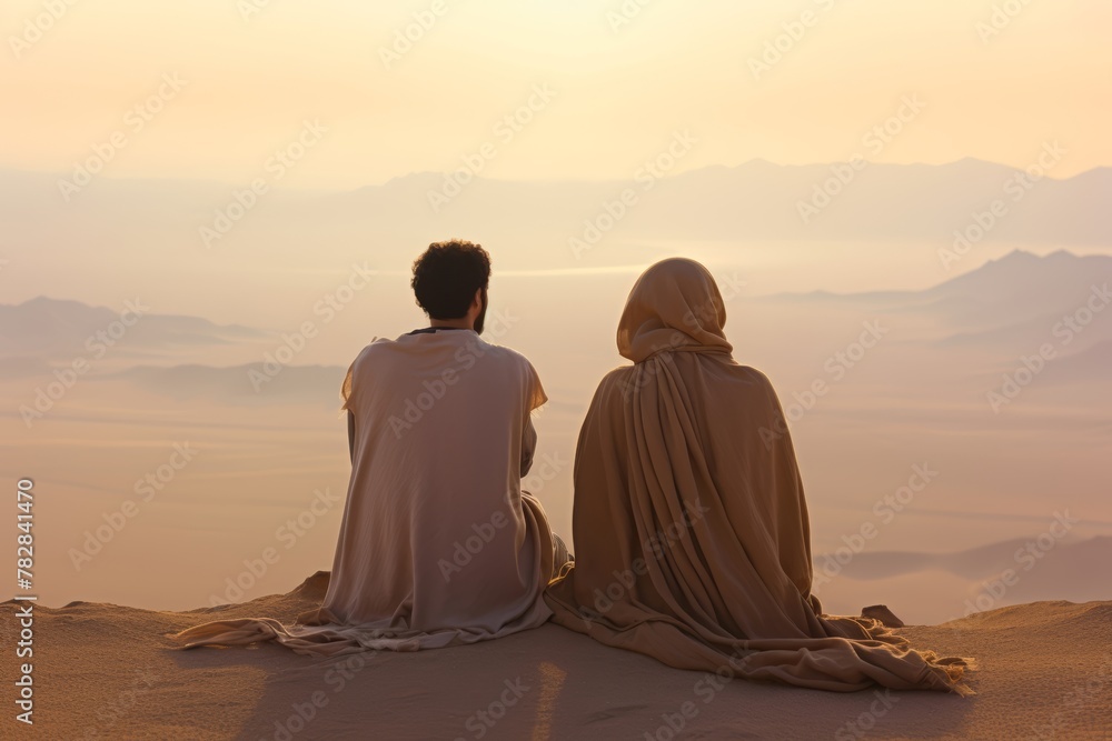 
Two Bedouin siblings looking out over the desert from a high dune, dressed in light pastel brown, symbolizing togetherness in the vastness of the desert
