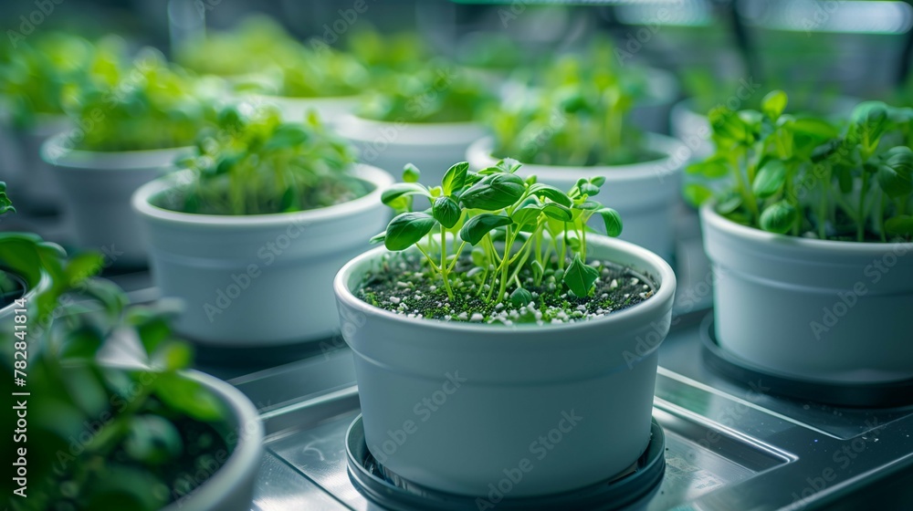 Fresh Basil Seedlings in White Pots Fresh Basil Seedlings in White Pots