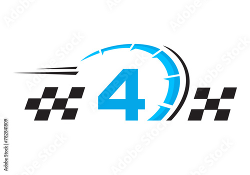 Letter 4 with Racing Flag Logo. Speed Logo Symbol