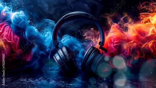 headphones with bright colors and smoke, World music day concept. Seamless looping 4k time-lapse video animation background photo