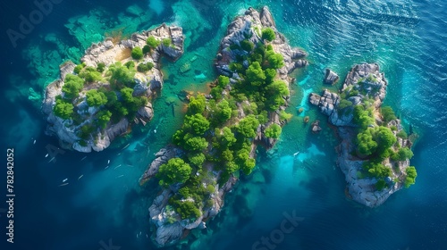 Aerial view of isolated tree-covered islands in clear blue water 