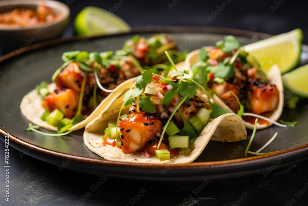 Poke Tacos filled with tender octopus, diced pineapple, avocado chunks, and sriracha aioli, presented on a modern ceramic plate, accented with fresh lime wedges and microgreens, against a textured bac Poke Tacos filled with tender octopus, diced pineapple, avocado chunks, and sriracha aioli, presented on a modern ceramic plate, accented with fresh lime wedges and microgreens, against a textured bac