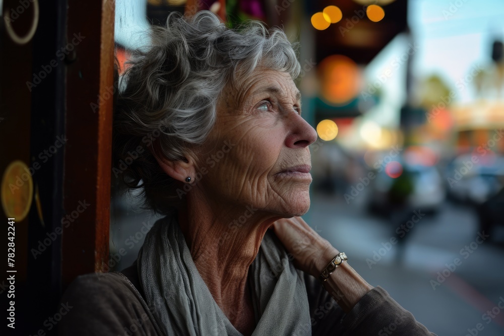 portrait of an elderly woman on a background of the city.