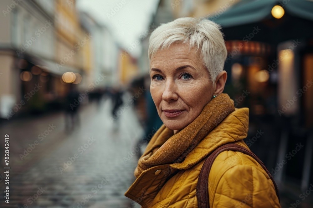 Portrait of a senior woman in a yellow jacket walking in the city. Portrait of a senior woman in a yellow jacket walking in the city.