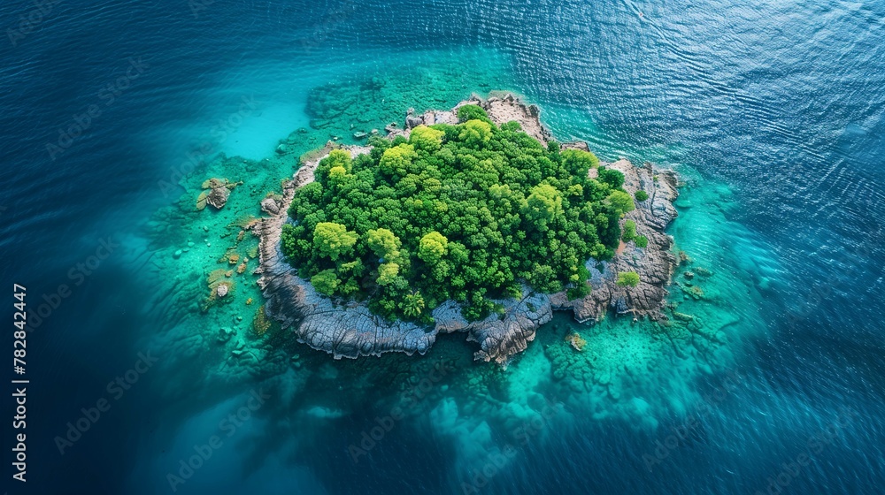 Aerial View of a Lush Green Island Surrounded by Turquoise Water Aerial View of a Lush Green Island Surrounded by Turquoise Water