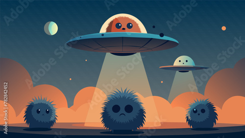 Strange creatures with round furry bodies and big pleading eyes floated helplessly in their spacecraft cowering in fear as a towering shadowy