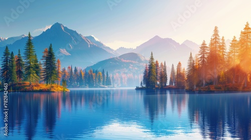 Vivid early autumn high tatra lake, mountain sunrise, pine forest, sky reflection in nature splendor photo