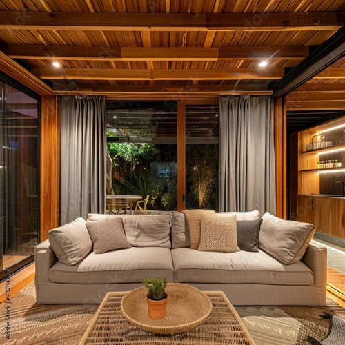 Feng Shuialigned living space, earth tones, natural materials, cozy evening, holistic comfort , high quality ©  Green Creator