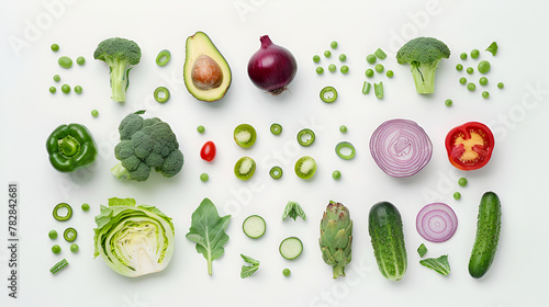 Creative layout made of tomato, cucumber and salad leaves on the white background,Various fresh vegetables and herbs on white. Healthy eating concept,Composition with fresh vegetables 