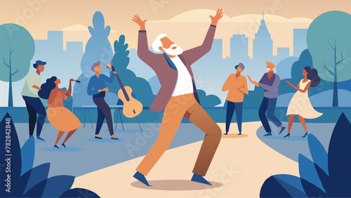 An octogenarian dancing to lively jazz music in a park surrounded by a diverse group of onlookers of all ages who are captivated by his graceful