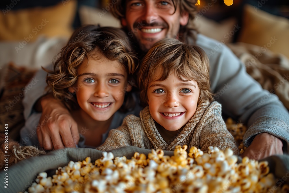 Man and Two Children Laying on Bed With Popcorn Man and Two Children Laying on Bed With Popcorn
