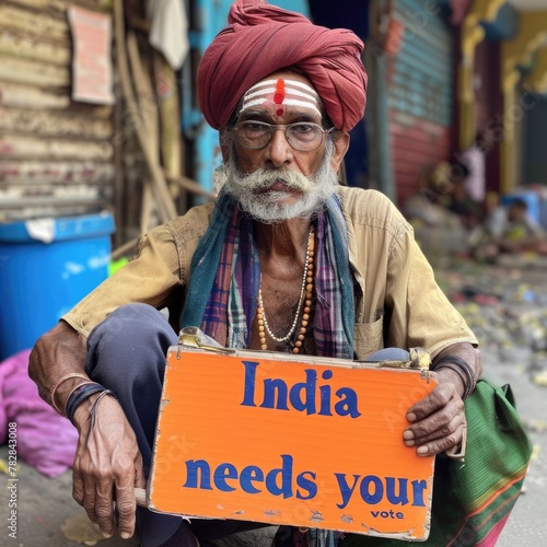  Voting or Election Awareness Campaign with an elderly Indian man holding a sign that reads India Needs Your Vote. Fictional Character Created by Generative AI.