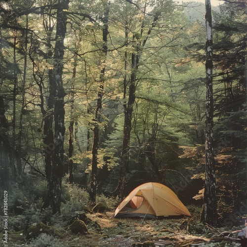 A tent in a forest.