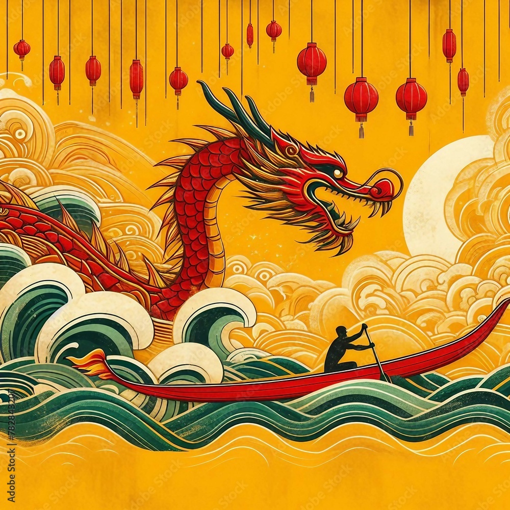 Obraz premium Dragon Boat Festival, using imagery inspired by the red dragon boat, the boater navigating the waves, and the symbolic yellow texture background.