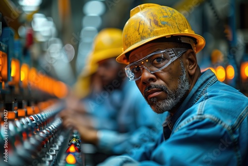 Man Wearing Hard Hat and Glasses