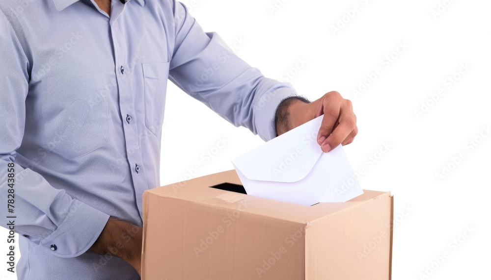 Indian man putting his vote paper or envelope into a ballot box on Election Day. Fictional Character Created by Generative AI. Indian man putting his vote paper or envelope into a ballot box on Election Day. Fictional Character Created by Generative AI.