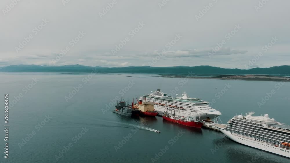 Cruise Ships In Ushuaia, Tierra del Fuego, Argentina, Patagonia - Aerial Drone Shot Cruise Ships In Ushuaia, Tierra del Fuego, Argentina, Patagonia - Aerial Drone Shot