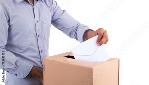 Indian man putting his vote paper or envelope into a ballot box on Election Day. Fictional Character Created by Generative AI.