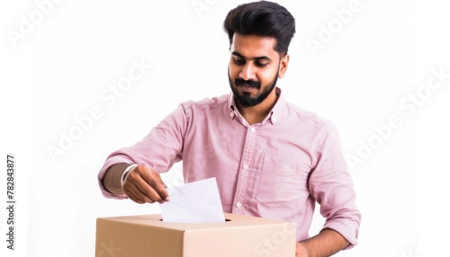 Indian man putting his vote paper into a ballot box on Election Day. Fictional Character Created by Generative AI.