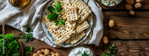 Happy Passover - Happy Pesach. Traditional Passover bread on wooden table. Horizontal banner. 