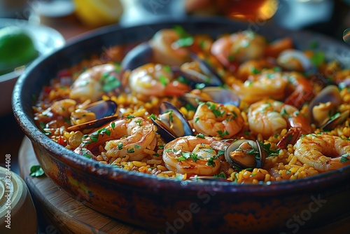 Bowl of Shrimp and Rice on Wooden Table