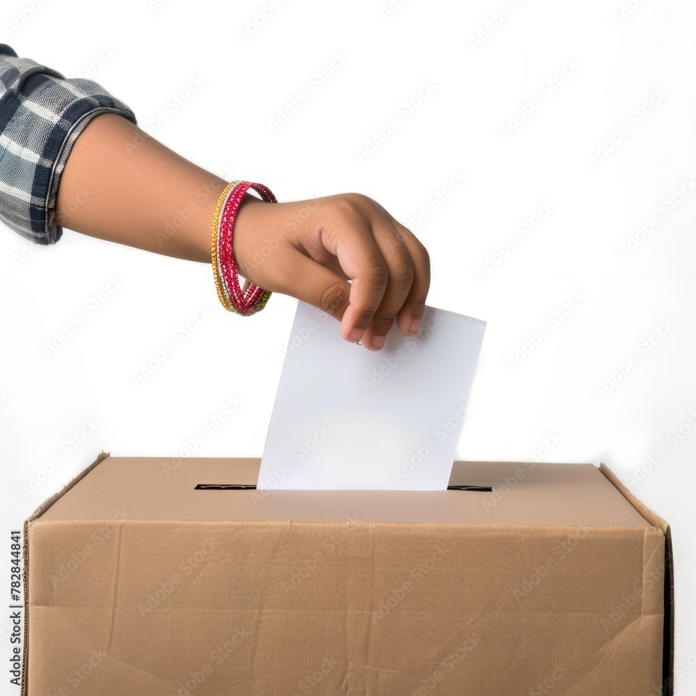 closeup image of person putting a voting ballot into cardboard box on Election Day. closeup image of person putting a voting ballot into cardboard box on Election Day.