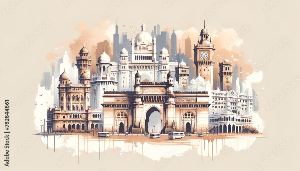 Maharashtra day illustration with famous maharashtra monuments.
