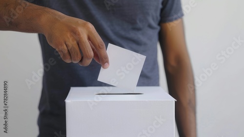 Man putting ballot into voting box on Election Day, Closeup Image. Fictional Character Created by Generative AI.