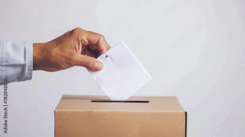 Close-up of a person putting a ballot paper into voting box on Election Day. Fictional Character Created by Generative AI. Close-up of a person putting a ballot paper into voting box on Election Day. Fictional Character Created by Generative AI.