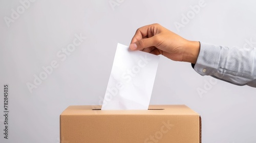 Close-up of a person putting a ballot paper into voting box on Election Day. Fictional Character Created by Generative AI. © shelbys