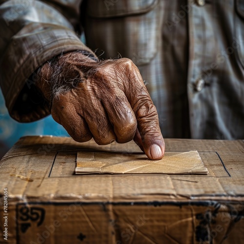 elderly man closing the ballot or cardboard box, closeup image. Fictional Character Created by Generative AI. photo