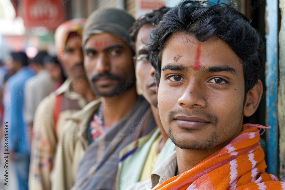 group of youth Indian men standing next to each other in row and posing for a picture, likely representing a village or community during Election or Social Event Purpose. - obrazy, fototapety, plakaty 
