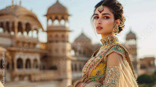 A beautiful woman dressed in traditional embroidered clothing and a necklace, posing in front of a decorative building. Fictional Character Created by Generative AI. photo