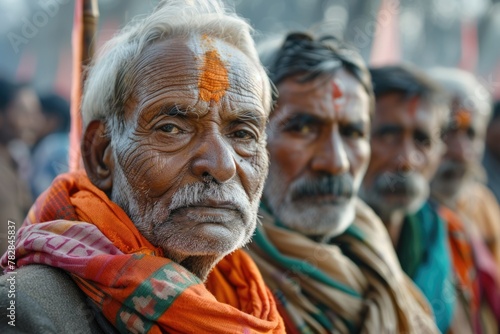 group of elderly Indian men arranged in row and posing for a picture, likely representing a village or community during Election or Social Event Purpose. Fictional Character Created by Generative AI.