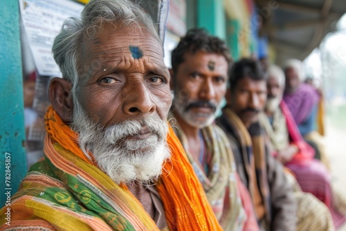 group of elderly Indian men arranged in row and posing for a picture, likely representing a village or community during Election or Social Event Purpose. Fictional Character Created by Generative AI. © shelbys