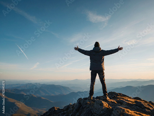 silhouette of a lone person standing on top of a mountain with arms stretched towards the sky to celebrate their success © The A.I Studio