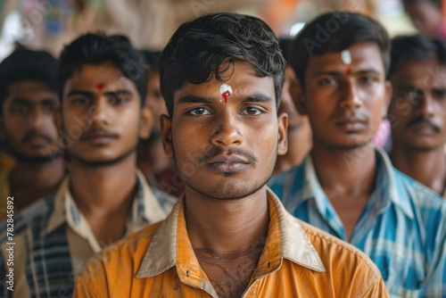 group of youth Indian men standing next to each other in row and posing for a picture, likely representing a village or community during Election or Social Event Purpose.