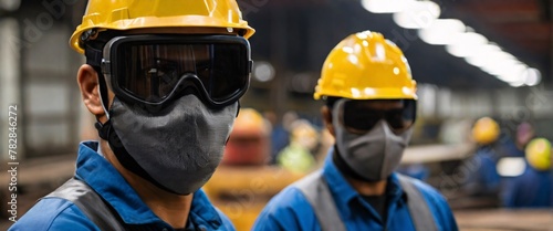 professional a gas mask engineer factory in protective uniform operating machine, Engineering worker in safety hardhat at warehouse industrial facilities, Heavy Industry Manufacturing 