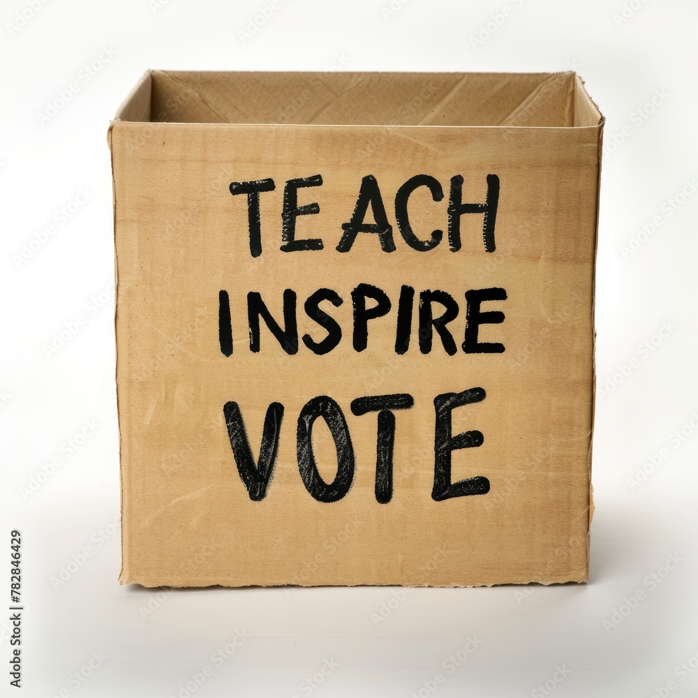 Teach Inspire Vote written text on cardboard box, focused on the importance of education and voting. - obrazy, fototapety, plakaty 