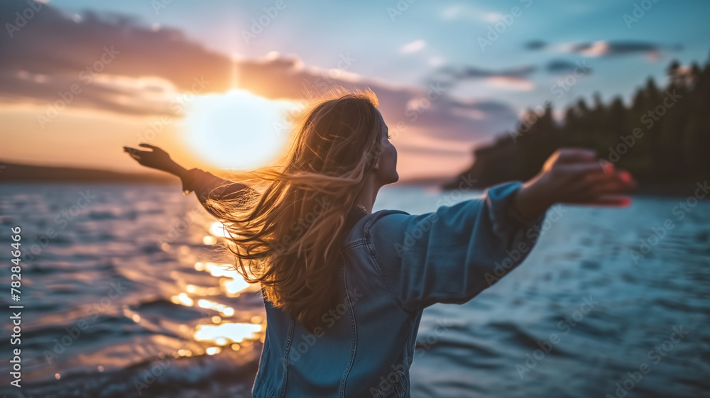Woman with arms open facing the sunset by the water. Freedom and joy concept. Design for wellness retreats, travel inspiration, and life enjoyment content. - obrazy, fototapety, plakaty 