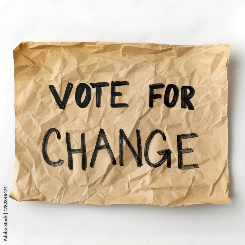 Election Day Concept - Vote for Change text written on crumpled kraft paper, possibly a political sign, advocating voting and supporting change. - obrazy, fototapety, plakaty 