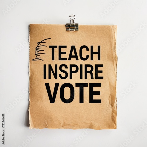 Teach Inspire Vote written text on brown note paper, focused on the importance of education and voting. photo