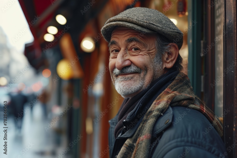 Portrait of an old man with a gray beard in a hat in the city Portrait of an old man with a gray beard in a hat in the city