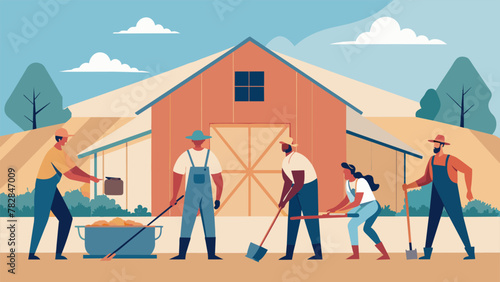 In a communal barn farmers work together to build new structures and mend broken fences. With sweat on their brows and determination in their